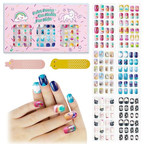 144 Piezas Uñas Postizas Acrílicas Para Niños Pre-Pegamento Cubierta Completa Glitter Degradado Color Corazón Gato Cortos Kits De Arte Uñas Falsas Conjuntos Regalos Del Día San Valentín Para Niños