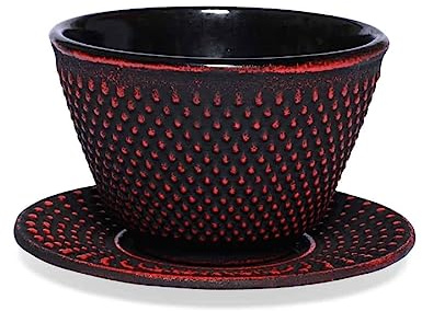 Teeladen Herzberg Maoci Gusseisen Teecup/Teeschale/Teetasse Arare schwarz-rot mit Unterteller