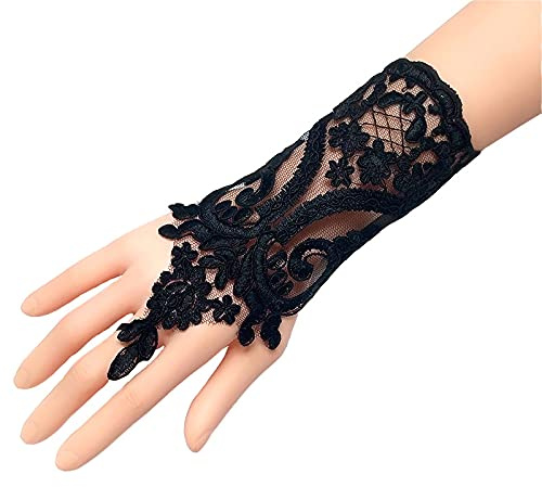 SYSUII Handschuhe Damen Kurze,Fingerlose Spitzen Handschuhe Kurze Braut Handschuhe bestickte 1920er Stil Spitzenhandschuhe Hochzeitshandschuhe für Kostüm, Banketts, für Opernpartys -Schwarz