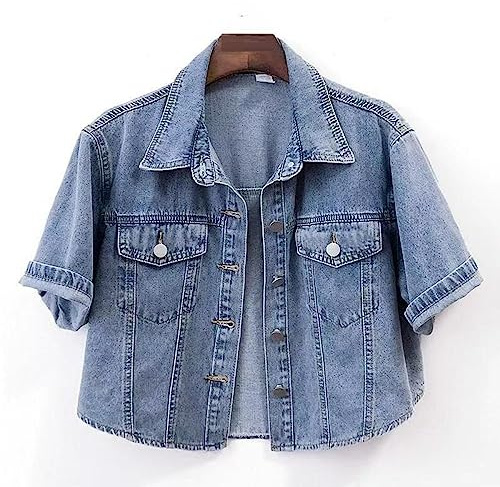 Jeansjacka för kvinnor, kortärmad jeansjacka för kvinnor vintage sliten knäppt beskuren jeansjacka sommar mode tvättad jeans biker rock toppar för kvinnor flickor