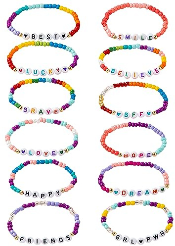 Kinder Freundschaft Armbänder 12 Stück Mädchen Inspirierende Buchstaben Perlen Armbänder Bunte Perlen Gewebte Armbänder Perlen Stretch Freundschaftsarmbänder für Geburtstagsparty Gefälligkeiten