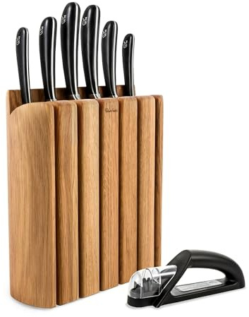 Robert Welch 7-Piece Signature Book Oak Knife Block Set. Space-Saving Award-Winning Design. Includes 6 German Steel Full-Tang Kitchen Knives.