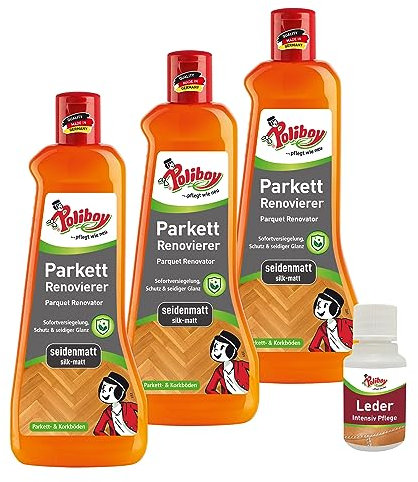 Poliboy Produit de rénovation de parquet satiné – Conditionneur de sol avec effet protecteur et brillant pour vitrification des parquets – 3 x 500 ml – Avec échantillon de produit – Fabriqué en