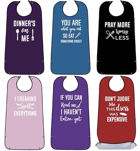 SATINIOR 6 Pieces Adult Bibs for Women Washable Reusable Clothing Protector with Crumb Catcher Beautiful Pattern Bibs(Dinner Style)