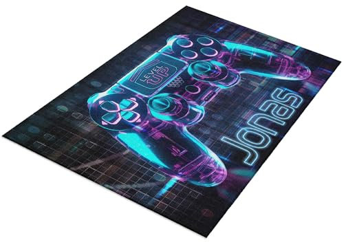 timalo® Moderner Gaming Teppich personalisiert mit Namen | Gamer Teppich Gaming Room | Fußmatte mit Wunschname Kinderzimmer Dekoration Jugendzimmer | Neon Controller
