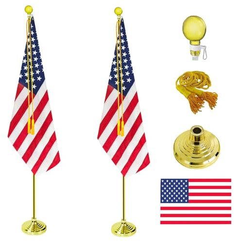 Flaggenmast für den Innenbereich, Teleskop-Fahnenmast mit Sockel, 90 x 152 cm, amerikanische Flagge, goldene Kugelspitze, Kordelquaste – goldener Fahnenmast und Ständer, für Büro, Schule, Rathaus (2