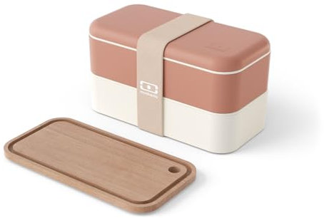 monbento - Lunch Set rosa Moka - Bento Box Erwachsene für Mikrowelle MB Original + Holz Schneidebrett MB Cut Original Kompatibel mit der Lunchbox - Perfekt für Picknicks/Arbeit - Rosa & Holz