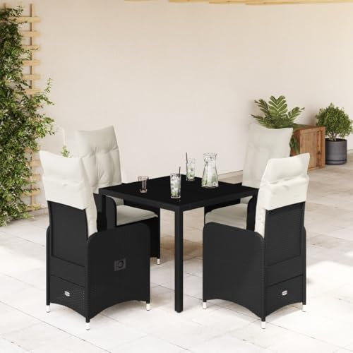 Homgoday Bistro-Set für den Garten, 5-teilig, mit Kissen aus Polyrattan, schwarz, Gartenmöbel, Tisch und Stühle für den Außenbereich, Modell 3276989