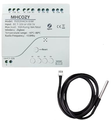MHCOZY Smart Zigbee-Temperaturregler, 5–32 V Trockenkontakt, passiver Ausgang, 4 Relaisschalter, mit wasserdichtem Temperaturfühler, funktioniert mit Alexa (Tuya Zigbee-Hub erforderlich)