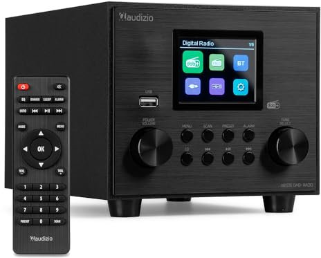 Audizio Vieste - Radio digitale DAB con altoparlante Bluetooth, DAB +, subwoofer integrato (60 W), FM, USB MP3, ingresso AUX, doppia sveglia, telecomando, design moderno e compatto, colore nero
