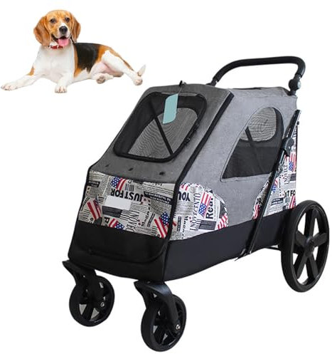 RUYICZB Hundebuggy für große Hunde, Faltbarer großer Hundebuggy mit verstellbarem Griff und Universalrädern, Haustierbuggy mit Aufbewahrungstasche für Reisen im Freien,Grau