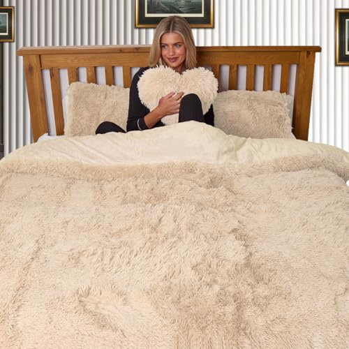 Hug & Snug Luxury Fleece Bedding Set Warm & Cozy Super Soft Fluffy Fur Duvet Cover Set - Ultimate Comfort (Cream, Double)