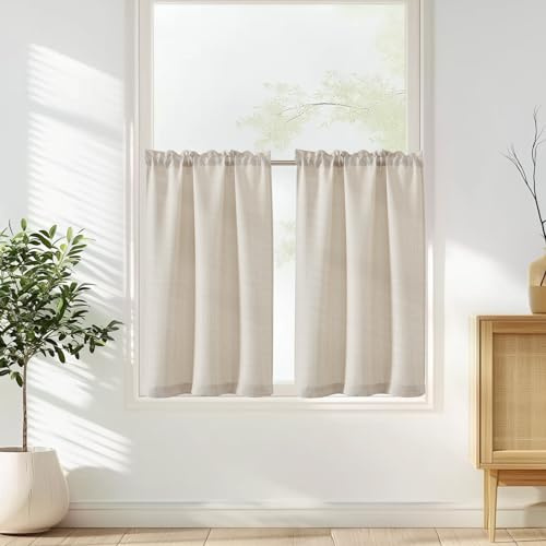 Vangao Scheibengardinen Modern Küche Beige Bistrogardine 2er Set 90Bx45H cm mit Stangendurchzug Gardinen Kurz Halbtransparente Leinenoptik Küchengardinen für Kleine Fenster Wohnmobil Küchenfenster
