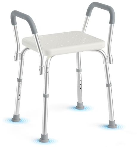 Shower Stool with Arms, Non-slip Bathroom Chair with Adjustable Height, Anti-slip Feet & Drainage Holes Seat, Rust-Free & Lightweight Shower Stool Ideal for Elderly, Disabled, Pregnant, Adults