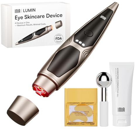 INIA 4-in-1 Eye Massager Tool Under Eye Red Light Therapy for Face, Eye Lift Depuffing Wand with Heat & Vibration for Dark Circles, Puffiness & Skin Firming – Enhances Skincare Routine