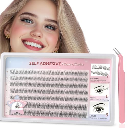 Parriparri Pre Glued Cluster Lashes 119Pcs Eyelashes No Glue Needed | 10-14mm Self Adhesive Lashes with Tweezers, Reusable Natural Press-On Individual Eyelashes Easy to Wear&Remove
