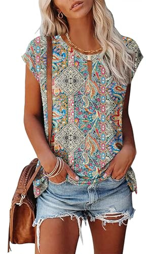 Rapbin Summer Tops for Women Summer Crew Neck T-Shirt Cap Sleeve Tank Retro Ethnic Tops Loose Fit Ladies Boho Tunic Shirt Bohemian Print M