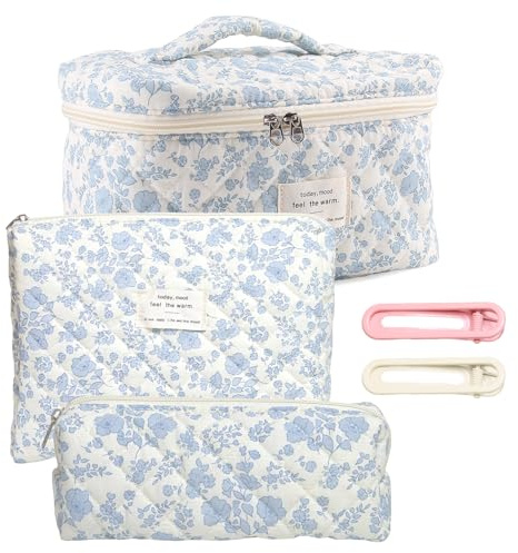Xbessc 3 Teiliges Set Kosmetiktasche Damen Reise Kulturbeutel Baumwolle | Kulturtasche mit Blumenmuster Tragbare Cosmetic Bag Organizer Gesteppte Make Up Tasche mit 2 Haarnadeln für Alltag und Reisen
