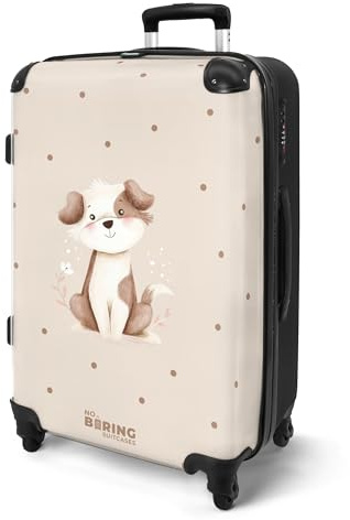 NoBoringSuitcases© Koffer Kinder Groß Reisekoffer Kinderkoffer 4 Rollen | 67x43x25 cm - Leicht Kindertrolley Mittelgroß Reise Hartschalenkoffer Hund - Braun - Weiß - Tupfen