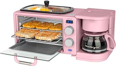 Nostalgia 3-in-1 Retro Breakfast Station - Includes 5 Cup Coffee Maker, Non-Stick Ceramic Griddle, and 4-Slice Toaster Oven - Built-In Timer, Reusable Coffee Filter, Space-Saving Design - Pink