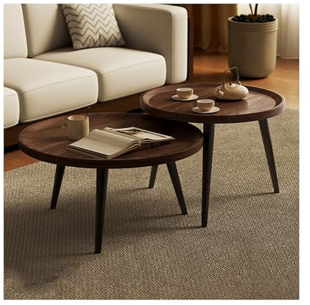 Lot de 2 tables basses rondes modernes pour salon, tables basses gigognes à assemblage facile, pour chambre à coucher, bureau, balcon, cour, pour petit espace, tables basses rondes couleur noyer