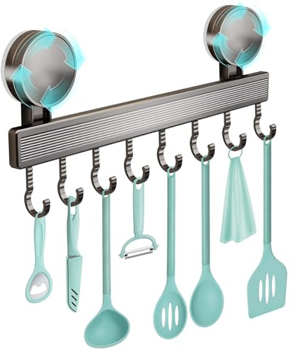 40cm Hakenleiste Küche Ohne Bohren mit Saugnapf,20 kg Tragfähigkeit Küchenutensilien,8 Bewegliche Haken Küchenreling,Küchenhalterung für Aufbewahrung,Küchenleiste Aluminium für Badezimmer Schlafzimmer