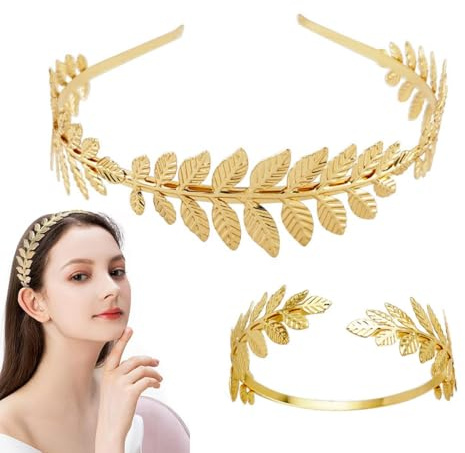 JYNVO Serre Tete Couronne Femme, Bandeau Cheveux Femme, Couronne de Laurier Doré, Bandeau Grecque Romain Coiffe Cheveux Couronne Femme Accessoires, avec 1 Anneaux de bras