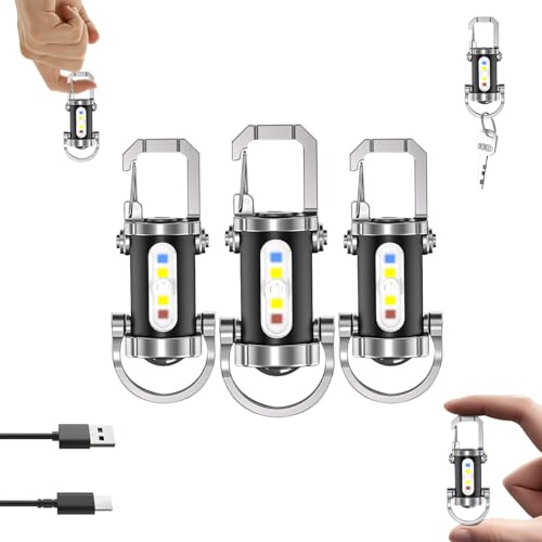 3Pcs Mini Keychain Flashlight Rechargeable, Waterproof Led Pocket Torch Keyring Light Usb 1200lm Super Bright 7 Modes Multifunctional Small Keychain Flashlights for Outdoor Camping, Hiking, Emergency