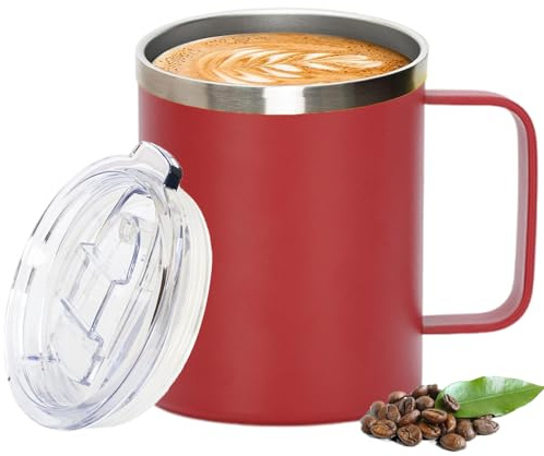 Thermal Mug, Insulated Coffee Mug with Handle and Sliding & Straw Lid, Leakproof Reusable Double Walled Vacuum Stainless Steel Travel Camping Cafe Tumbler Cup,Dishwasher Safe (Red, 12 oz)