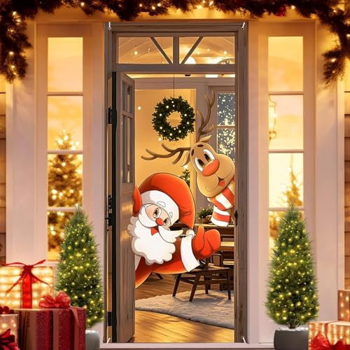 SGQTGIMU Weihnachten Tür Abdeckung Dekoration 90x200cm, Weihnachtsmann Türabdeckung aus Polyester, Türdeko mit Rentier für Haustür, Weihnachts tür Hängedeko für Haus, Büro, Party-B