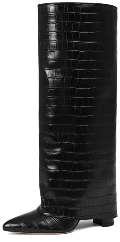 Lyrisiphy Women's Black Knee High Boots Foldover Chunky High Heel Wide Calf Boots Zipper Pointed Toe Fall Winter Sexy Dress Tall Boots for Women