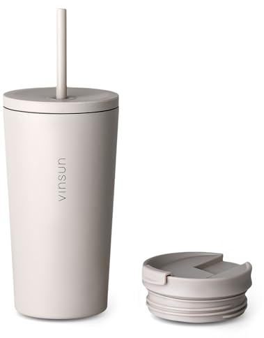 VINSUN Mug Isotherme avec Paille et Couvercle 480ml - Anti-Fuite, Acer Inox | Double Paroi, Boissons Chaudes et Froides - Tasse Isotherme pour Voyage, Voiture, Uni