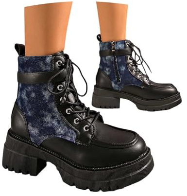 KBOPLEMQ Stivaletti da donna con tacco invernale, da combattimento tradizionale, stivali corti, con suola spessa, con chiusura lampo, O blu., 39 EU