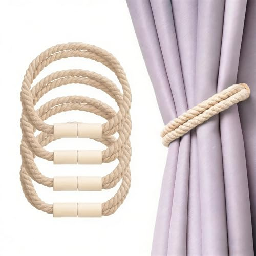 HERKINDNESS Vorhang Raffhalter Magnetisch Gardinenhalter 4 Stück 53cm | Gedrehtes Seil aus Baumwolle-Leinen mit Magnetverschluss, einfache Befestigung ohne Bohren für verschiedene Vorhänge