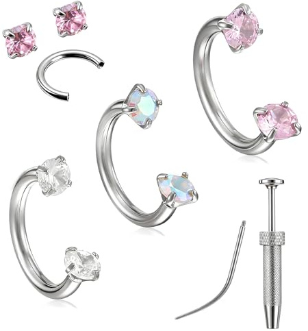 3 stycken zirkonium hästskor piercing kvinnor med greppverktyg och piercing nål silver rostfritt stål septum näspiercing ring näsa set näsring näsring rygg helix brosk läpppiercing smycken