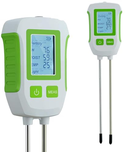 Misuratore del Terreno, Tester Multifunzionale 5-in-1 con Doppia Sonda e Display LCD Retroilluminato, Tester per PH/Fertilità/Luce/Temperatura/Umidità del Giardino, per Giardini