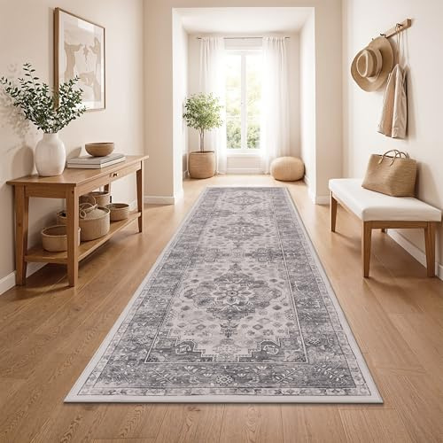 Paco Home Vintage Teppich Läufer Kurzflor Boho Stil Waschbar & rutschfest pflegeleicht modernes Retro Design, Farbe:Grau 2, Größe:80x300 cm
