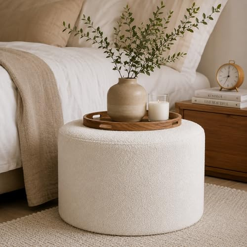 Czoluxo Sitzhocker rund 70 cm, Teddy Pouf aus Stoff, weich gepolstert, Ottoman mit Schwammfüllung, Fußhocker & Sitzpouf für Wohnzimmer, Couch & Fußablage, Beige, 70 x 40 cm