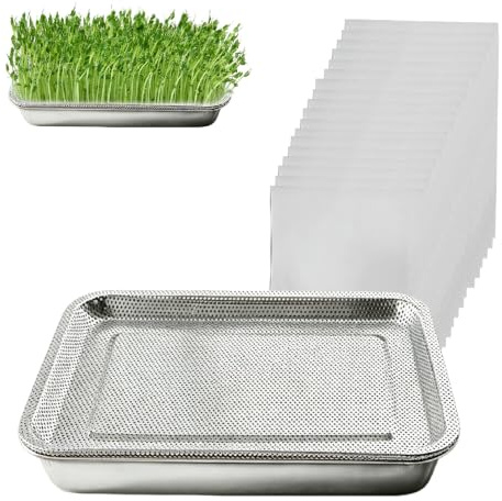 Set med 2 rostfria groddodlingsset med 100 odlingspapper, 27×20 cm krasseskål med sil av rostfritt stål, groddset för groddar och microgreens, hydroponiska kresseodlingsskålar, diskmaskinssäkra