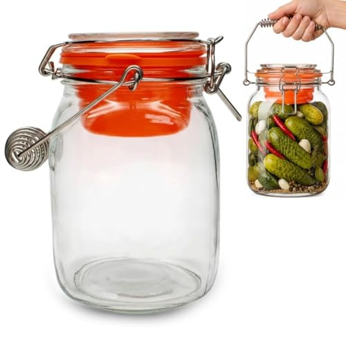 lilawelt24 Premium Fermentierglas mit Niederhalter & Beschwerer – Glas mit Bügelverschluss für Sauerkraut, Gurken & Kimchi – Luftdicht, Stapelbar, mit Spiralgriff (1L)