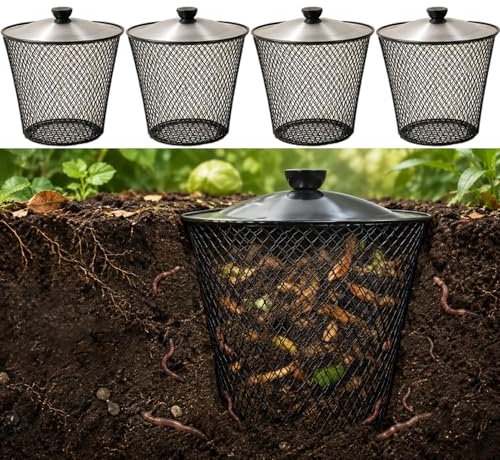 Sedtonmu 10L Unterirdisch Wurmkomposter Metall mit Deckel,4/6/8 Stück Küchen&Gartenabfälle Beetkomposter aus Metallgitterkörbe für Hochbeet, Garten, Hof und Außenbereich,Silber,4 Set
