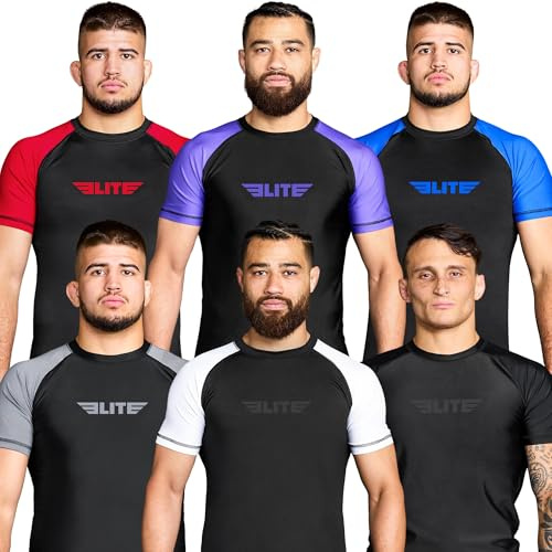 Elite Sports 2022 Jiu Jitsu BJJ Rash Guards, Men's BJJ, No GI, MMA Ranked Short Sleeve Compression Base Layer Rash Guard Purple