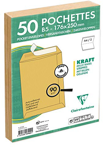 Clairefontaine 5744C - Packung mit 50 Versandtaschen mit Rillen Kraftbraun B5-176x250 mm, selbstklebend, 90g, 1 Pack