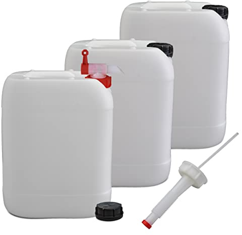plasteo® Juego de 3 bidones de agua de 20 litros con grifo, tapa de rosca y vertedor flexible (DIN 61), apto para alimentos, portátil, interior y exterior, sin BPA
