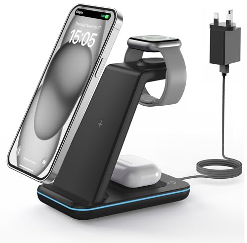 GEEKERA Wireless Charger, 3 in 1 Wireless Charging Station for iPhone Air/17/16/15/14/13/12/11/Pro Max/X/8, Phone and Watch Charger Stand for Apple Watch Ultra 3-2/11-2/SE, AirPods Pro/4/3/2, Black