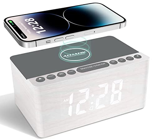 ANJANK Radiosveglia Digitale in Legno con Ricarica wireless,Caricatore Wireless Veloce da 10W per iPhone/Android,Funzione di Ricarica USB del Telefono Cellulare,Dimmer a 5 Livelli,Batteria di Backup