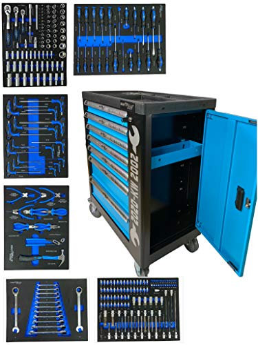 Kraftwelle Werkzeugwagen Werkstattwagen Modell 2021 mit Auszug kugelgelagert 7 Schubläden Ratsche Ringratsche Schraubendreher Zangen Werkzeugset Werkstatt