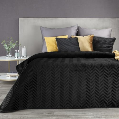 Eurofirany Tagesdecke Sesseldecke Sofadecke Velvet Samt Steppdecke für Wohnzimmer und Schlafzimmer (Sofia Schwarz, 230 x 260 cm)
