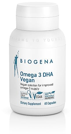Biogena Omega 3 DHA Vegan: Plant Based Supplement from Algae Oil for Improved Omega-3 Supply (60 Capsules – one a Day)
