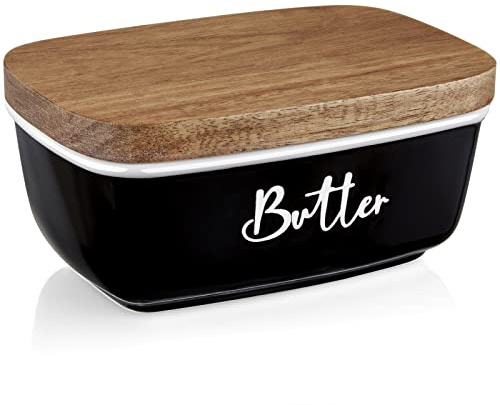 ALELION Mantequera grande de cerámica con tapa para encimera, manteca vintage con tapa de madera, para decoración del hogar, cocina, recipiente de mantequilla con capacidad para dos palos de